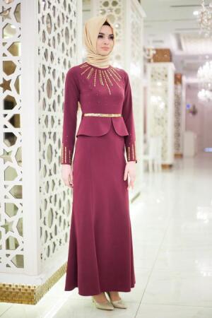 Neva Style - Yakası Taşlı Peplum Mürdüm Tesettür Elbise 5358MU - 1