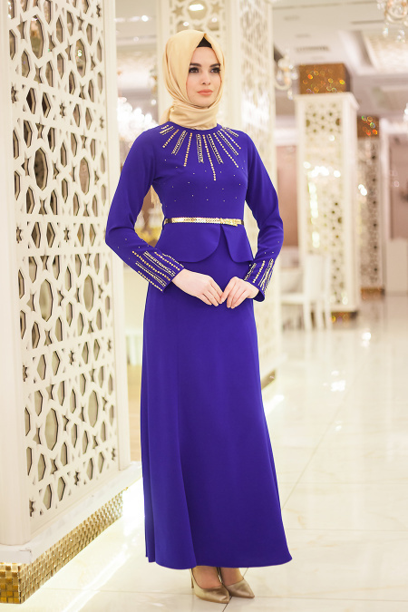 Neva Style - Yakası Taşlı Peplum Saks Mavisi Tesettür Elbise 5358SX