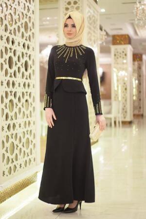 Neva Style - Yakası Taşlı Peplum Siyah Tesettür Elbise 5358S - 1