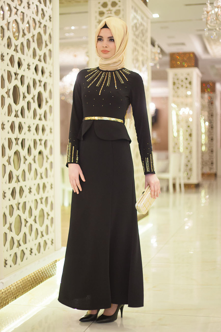 Neva Style - Yakası Taşlı Peplum Siyah Tesettür Elbise 5358S