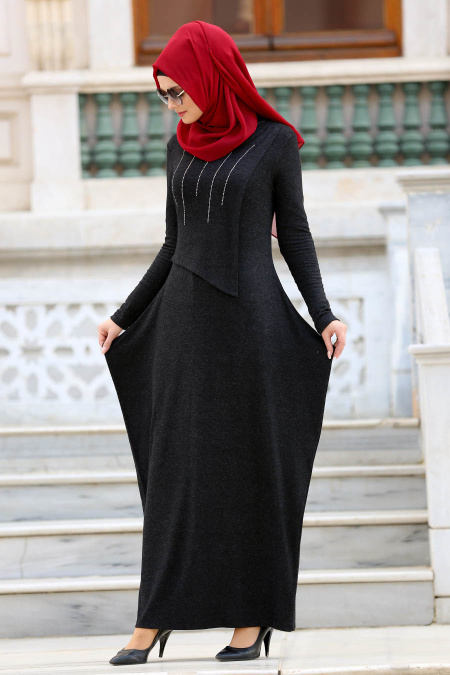 Neva Style - Yakası Taşlı Siyah Tesettür Elbise 3116S