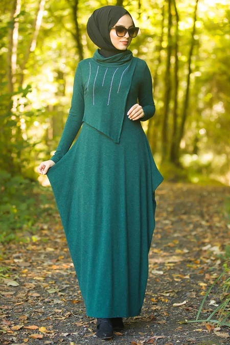 Neva Style - Yakası Taşlı Yeşil Tesettür Elbise 3116Y