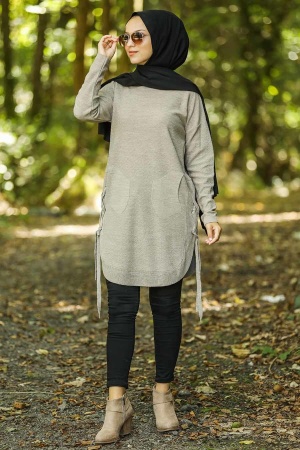 Neva Style - Yandan Bağcıklı Bej Tesettür Triko Tunik 14586BEJ - 1