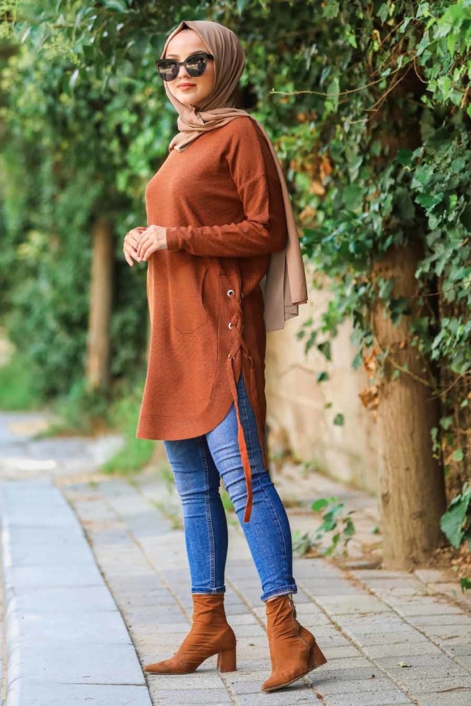 Neva Style - Yandan Bağcıklı Kiremit Tesettür Triko Tunik 14586KRMT - 1