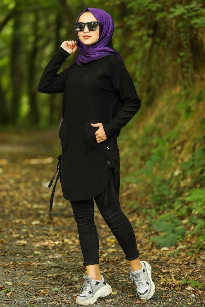 Neva Style - Yandan Bağcıklı Siyah Tesettür Triko Tunik 14586S - 1