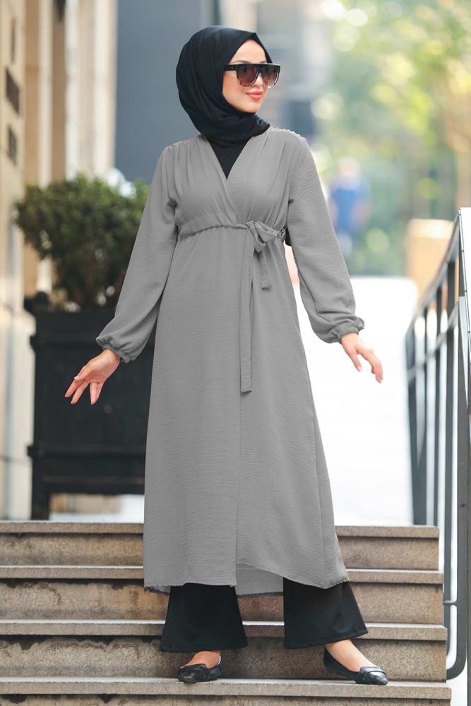 Neva Style - Yandan Bağlamalı Gri Tesettür Kap 3745GR - 1