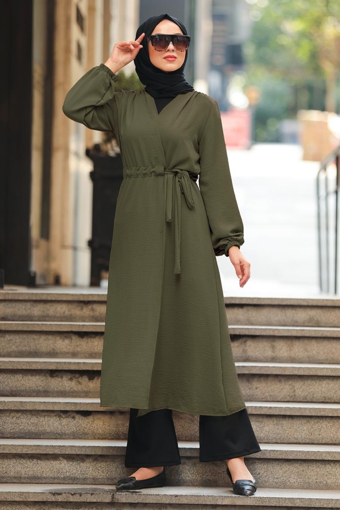 Neva Style - Yandan Bağlamalı Haki Tesettür Kap 3745HK - 1