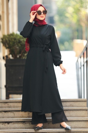 Neva Style - Yandan Bağlamalı Siyah Tesettür Kap 3745S - 1