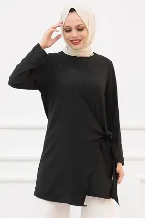 Neva Style - Yandan Bağlamalı Siyah Tesettür Tunik 5739S 