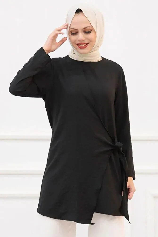  Yandan Bağlamalı Siyah Tesettür Tunik 5739S - 1