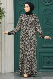 Neva Style - Yaprak Desenli Bej Tesettür Elbise 22970BEJ - Thumbnail
