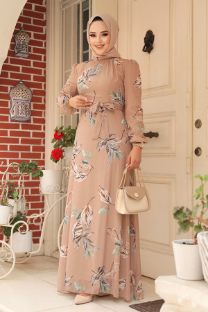  Neva Style - Yaprak Desenli Bisküvi Tesettür Elbise 279316BS - 2