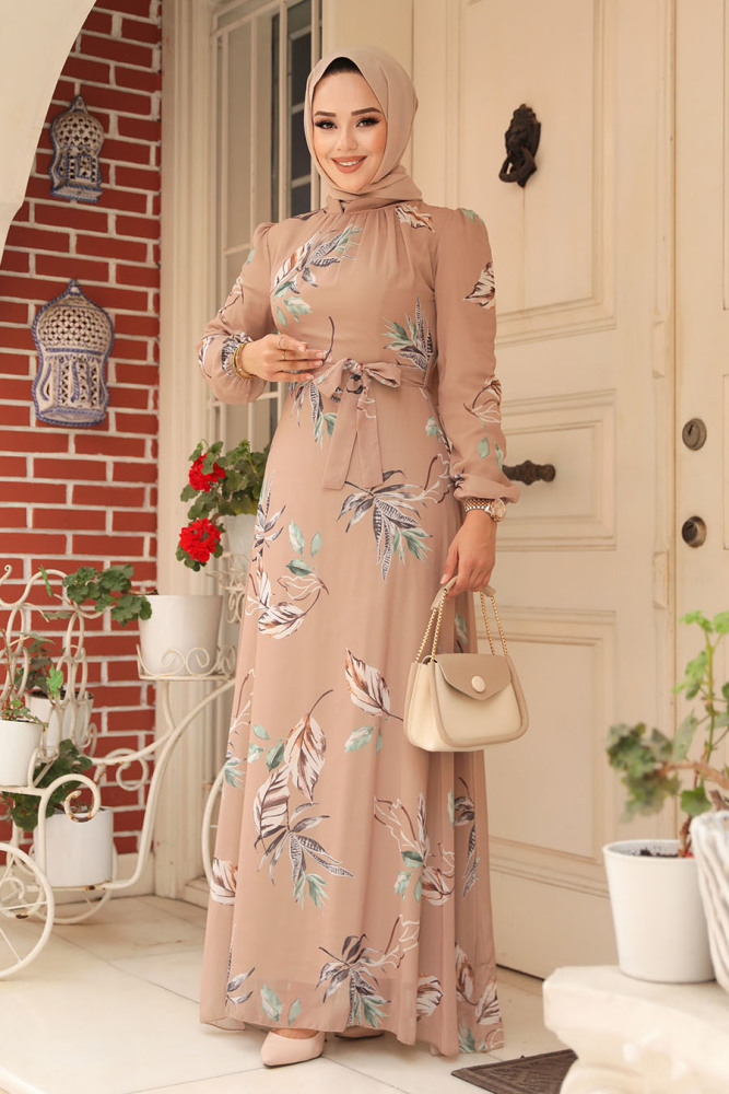  Neva Style - Yaprak Desenli Bisküvi Tesettür Elbise 279316BS - 2