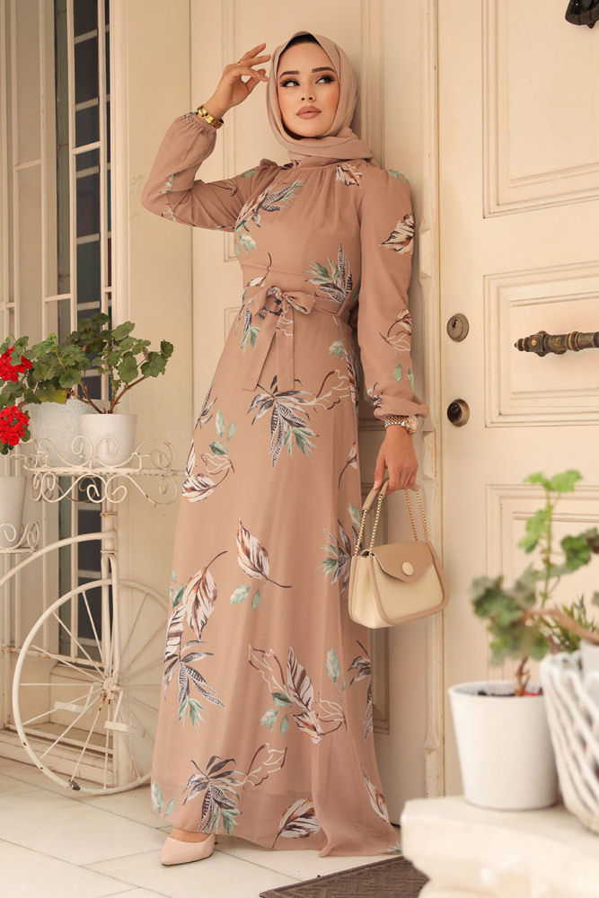  Neva Style - Yaprak Desenli Bisküvi Tesettür Elbise 279316BS - 1