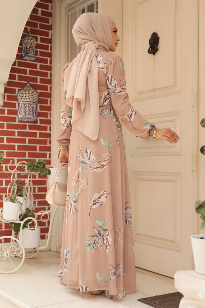  Neva Style - Yaprak Desenli Bisküvi Tesettür Elbise 279316BS - 3