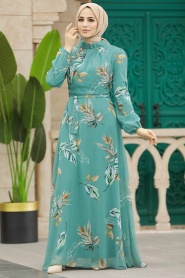 Neva Style - Yaprak Desenli Çağla Yeşili Tesettür Elbise 279316CY - Thumbnail