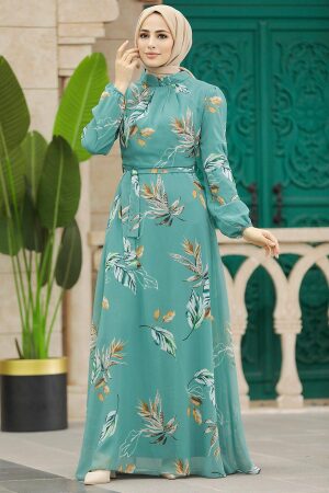 Neva Style - Yaprak Desenli Çağla Yeşili Tesettür Elbise 279316CY - 2