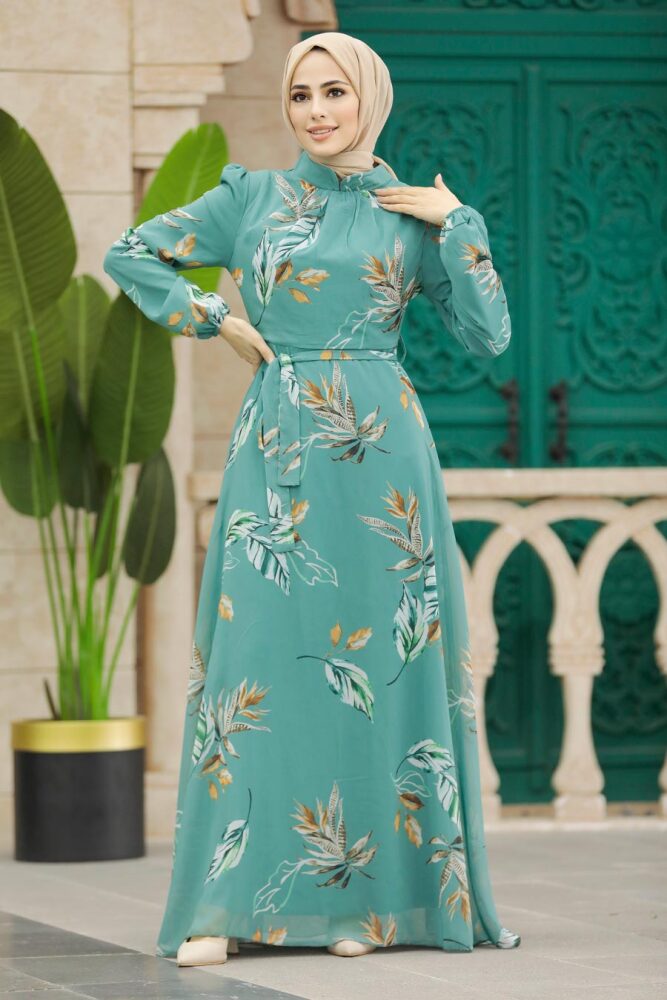 Neva Style - Yaprak Desenli Çağla Yeşili Tesettür Elbise 279316CY - 1
