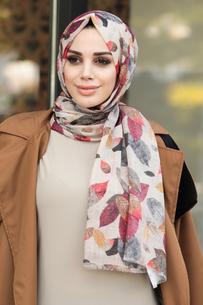 Neva Style - Yaprak Desenli Camel Şifon Şal 7544C - 1