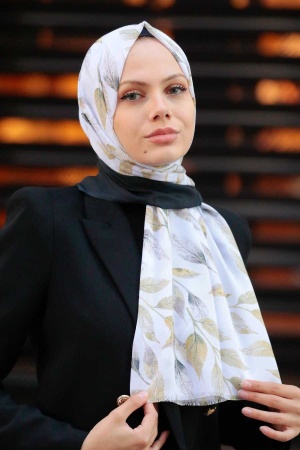 Neva Style - Yaprak Desenli Ekru Şal 4928E - 1