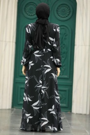 Neva Style - Yaprak Desenli Gri Tesettür Elbise 279315GR - Thumbnail