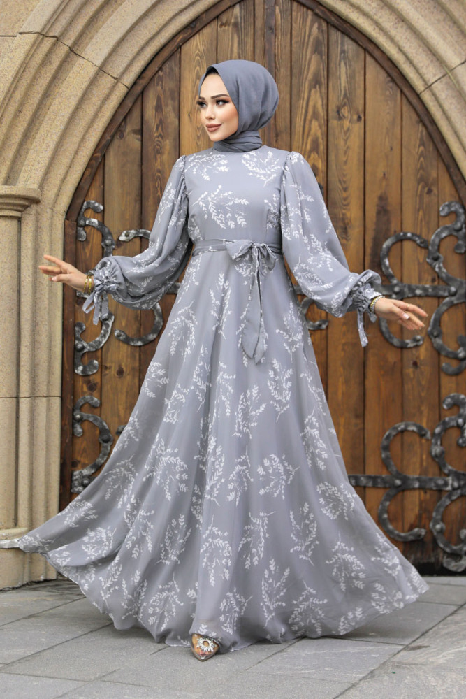 Neva Style - Yaprak Desenli Gri Tesettür Elbise 33072GR - 1