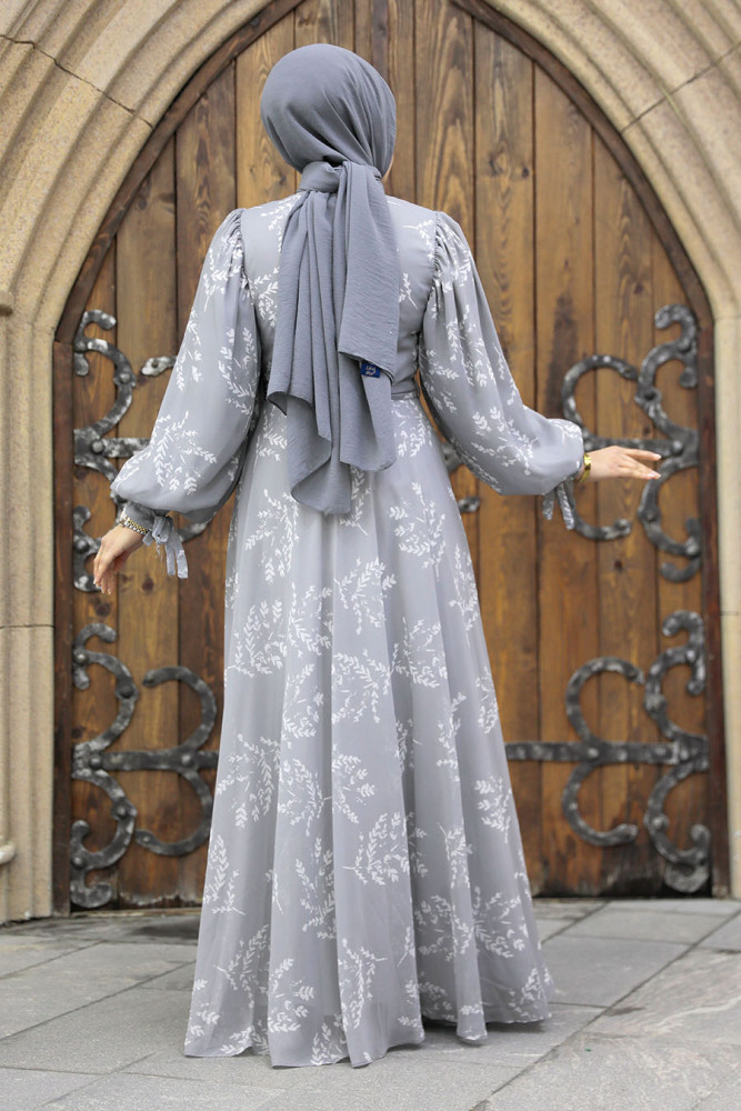 Neva Style - Yaprak Desenli Gri Tesettür Elbise 33072GR - 2