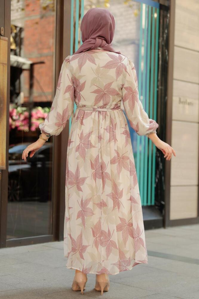 Neva Style - Yaprak Desenli Gül Kurusu Tesettür Elbise 10405GK - 3