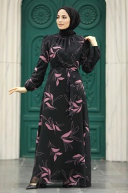 Neva Style - Yaprak Desenli Gül Kurusu Tesettür Elbise 279315GK - Thumbnail