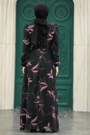 Neva Style - Yaprak Desenli Gül Kurusu Tesettür Elbise 279315GK - Thumbnail