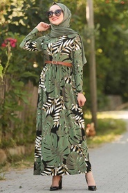 Neva Style - Yaprak Desenli Haki Tesettür Elbise 163901HK - Thumbnail