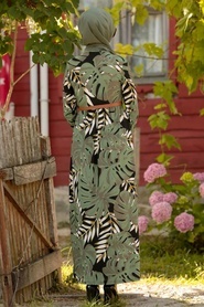 Neva Style - Yaprak Desenli Haki Tesettür Elbise 163901HK - Thumbnail