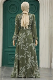 Neva Style - Yaprak Desenli Haki Tesettür Elbise 279310HK - Thumbnail