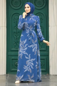 Neva Style - Yaprak Desenli İndigo Mavisi Tesettür Elbise 279310IM - Thumbnail