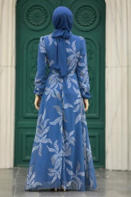 Neva Style - Yaprak Desenli İndigo Mavisi Tesettür Elbise 279310IM - Thumbnail