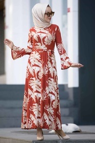 Neva Style - Yaprak Desenli Kiremit Tesettür Elbise 15258KRMT - Thumbnail