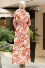 Neva Style - Yaprak Desenli Kiremit Tesettür Elbise 16140KRMT - Thumbnail