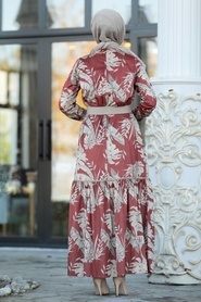 Neva Style - Yaprak Desenli Kiremit Tesettür Elbise 22150KRMT - Thumbnail