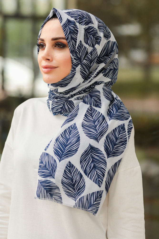 Neva Style - Yaprak Desenli Lacivert Şal 7455L - 1
