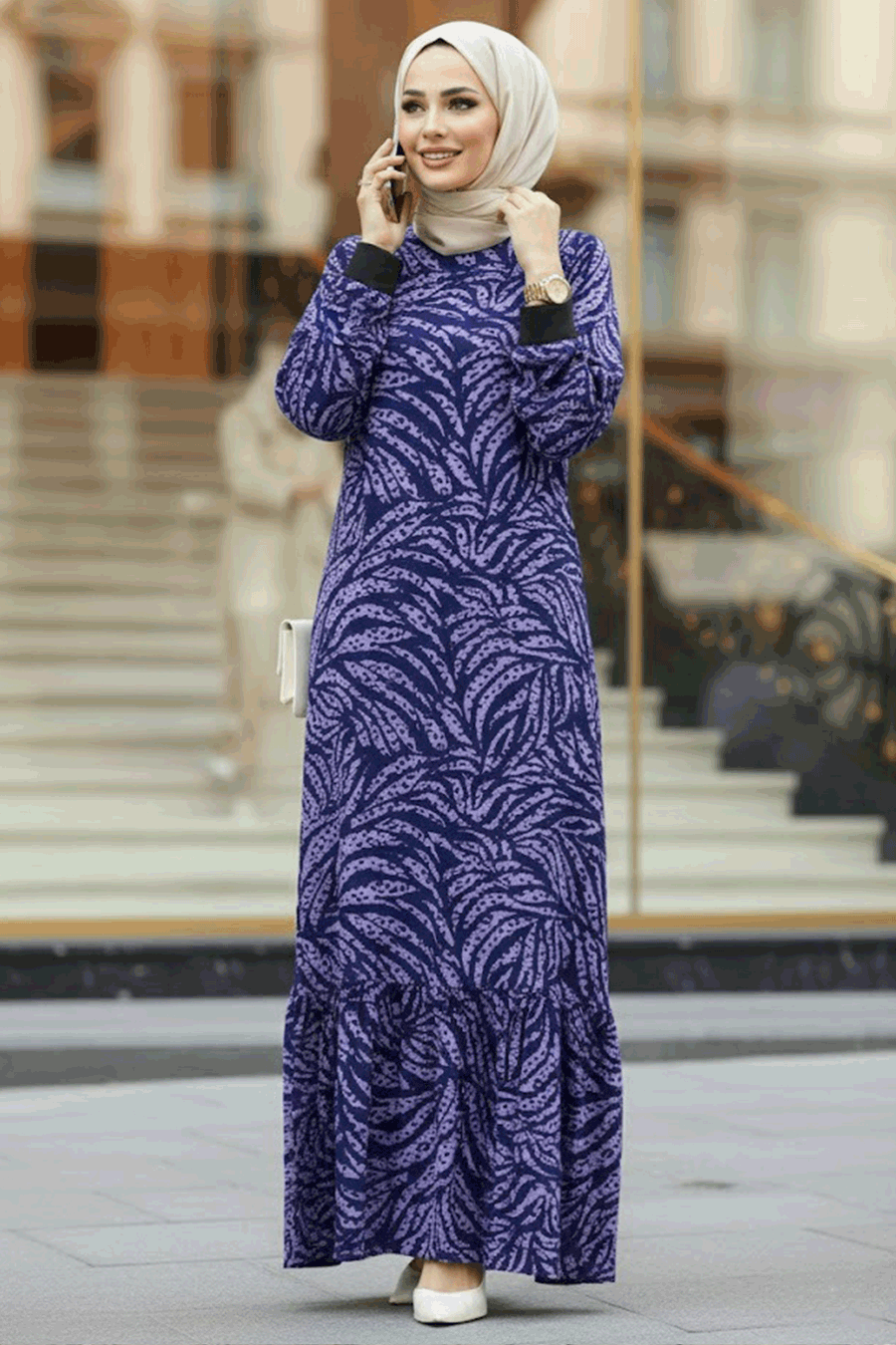  Yaprak Desenli Lavanta Tesettür Elbise 22970LV