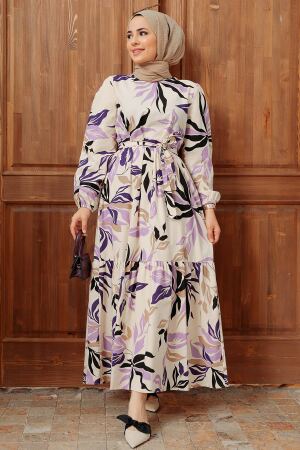 Neva Style - Yaprak Desenli Lila Tesettür Elbise 2325LILA - 2