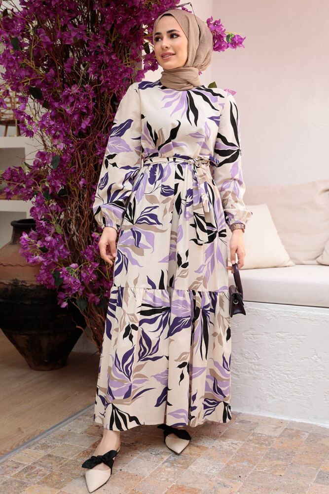 Neva Style - Yaprak Desenli Lila Tesettür Elbise 2325LILA - 1
