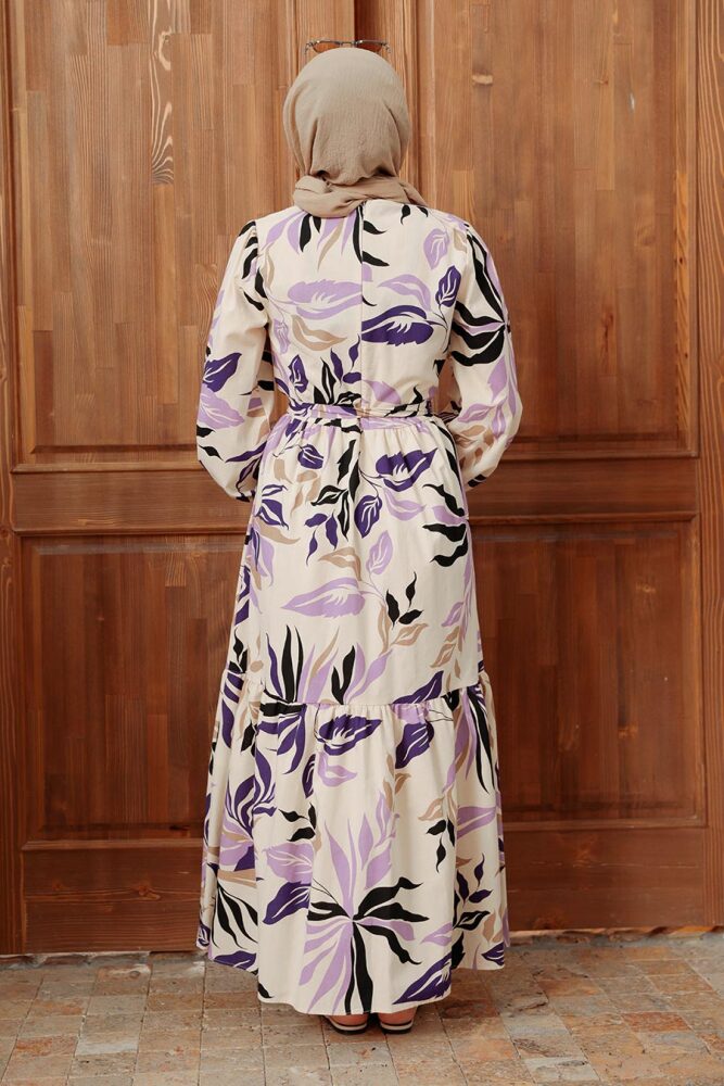 Neva Style - Yaprak Desenli Lila Tesettür Elbise 2325LILA - 3