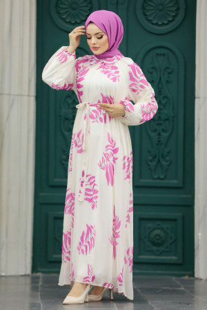  Yaprak Desenli Pembe Tesettür Elbise 20042P - 2