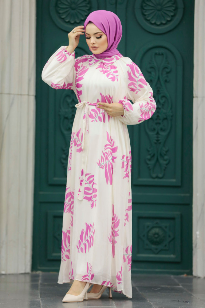  Yaprak Desenli Pembe Tesettür Elbise 20042P - 2
