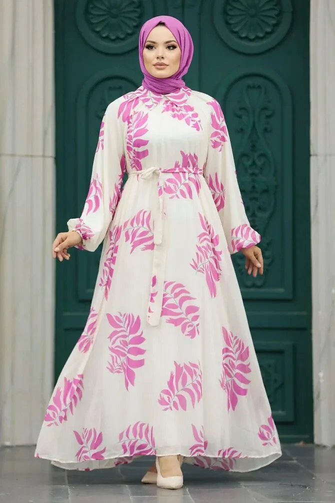  Yaprak Desenli Pembe Tesettür Elbise 20042P - 1