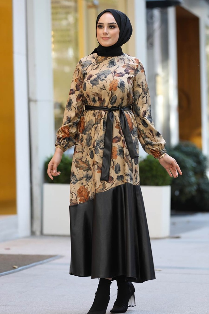Neva Style - Yaprak Desenli Petrol Yeşili Tesettür Elbise 7635PY - 1