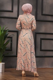 Neva Style - Yaprak Desenli Pudra Tesettür Elbise 81540PD - Thumbnail