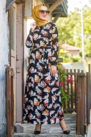 Neva Style - Yaprak Desenli Siyah Tesettür Elbise 10175S - Thumbnail