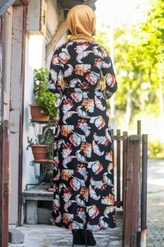 Neva Style - Yaprak Desenli Siyah Tesettür Elbise 10175S - Thumbnail